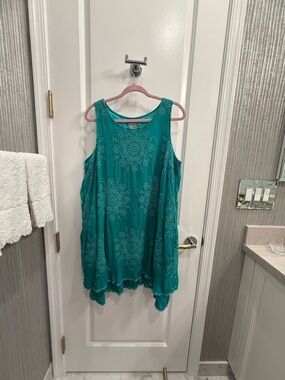 Johnny Was Teal Eyelet Scoop Neck Mini Dress with Ruffled Hem